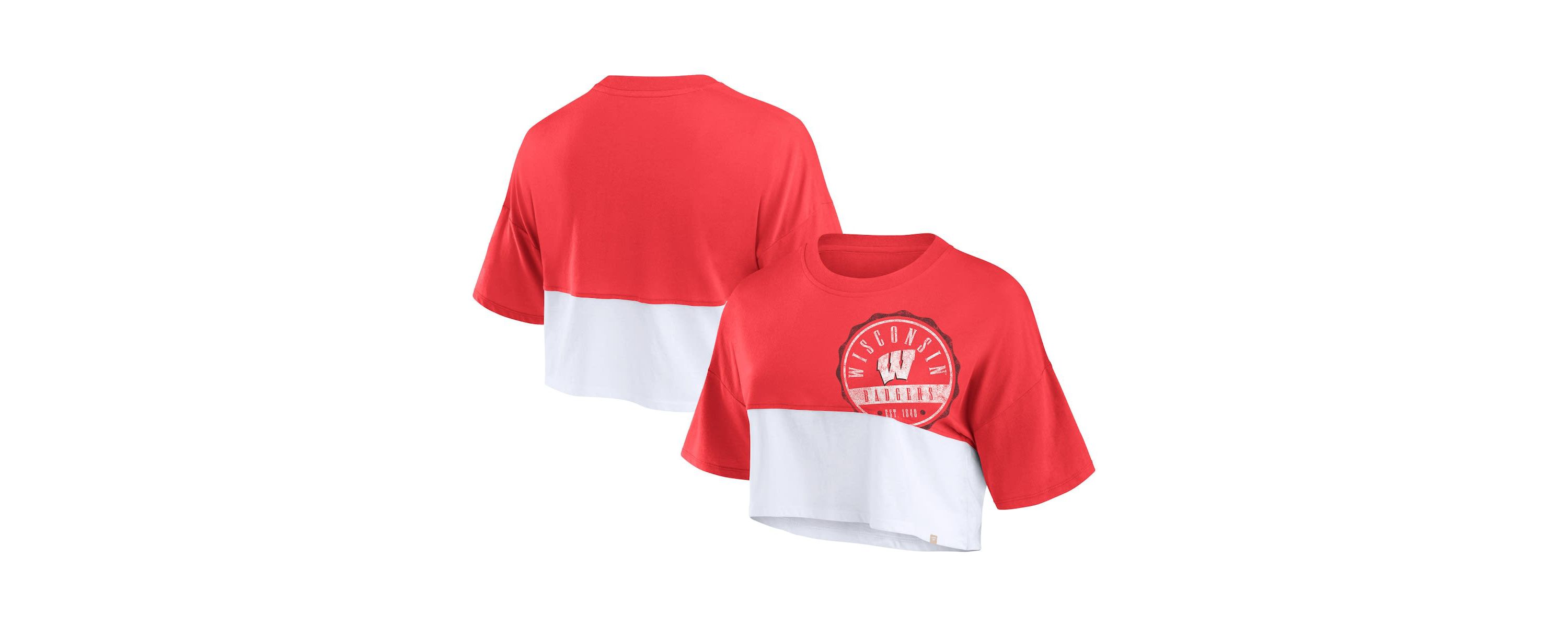 NCAA Fanatics Wisconsin Badgers Oversized Badge Colorblock Cropped T-Shirt