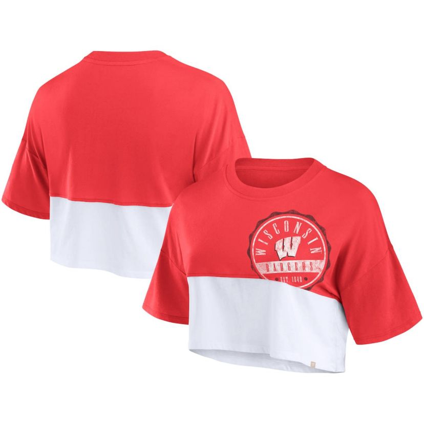 NCAA Fanatics Wisconsin Badgers Oversized Badge Colorblock Cropped T-Shirt