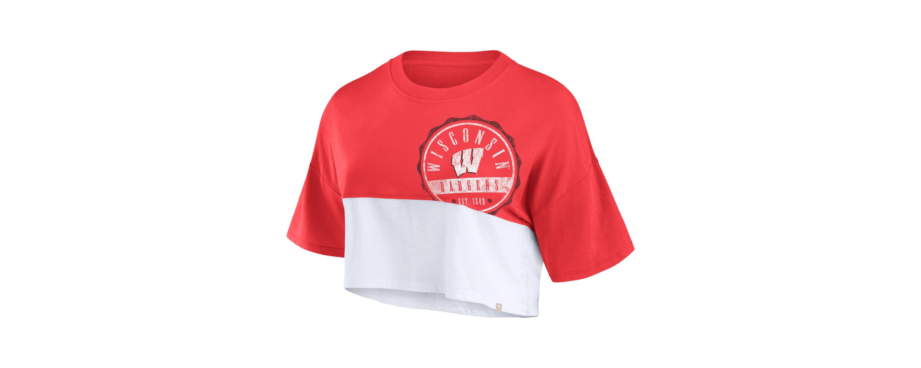 NCAA Fanatics Wisconsin Badgers Oversized Badge Colorblock Cropped T-Shirt