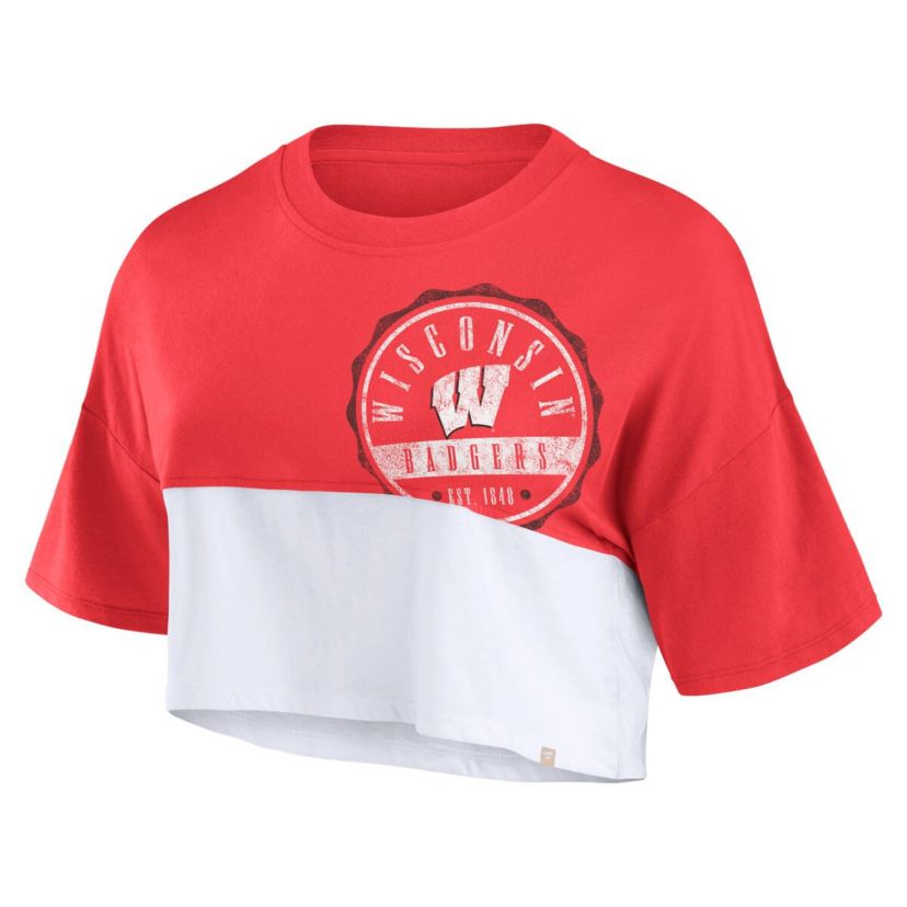 NCAA Fanatics Wisconsin Badgers Oversized Badge Colorblock Cropped T-Shirt