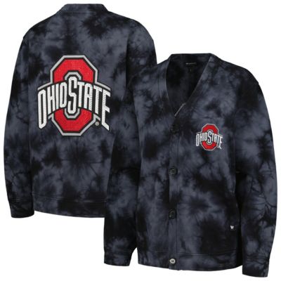 The Wild Collective NCAA Ohio State Buckeyes Jeweled Tie-Dye Button-Up V-Neck Sweater