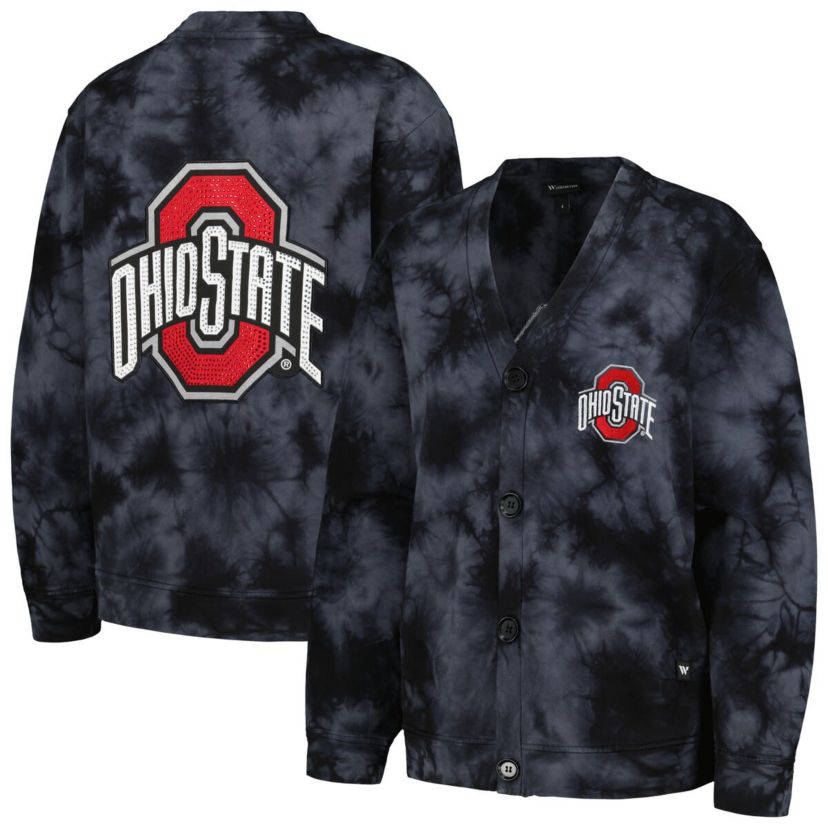 NCAA Ohio State Buckeyes Jeweled Tie-Dye Button-Up V-Neck Sweater