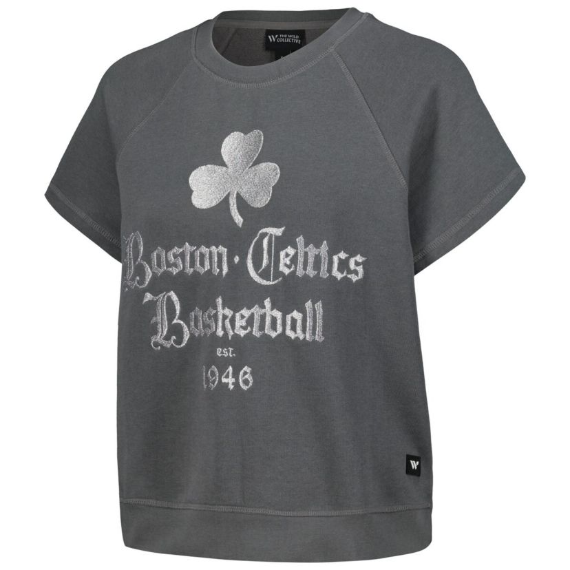 NBA Boston Celtics Embroidered Fleece Raglan Short Sleeve Pullover Sweatshirt