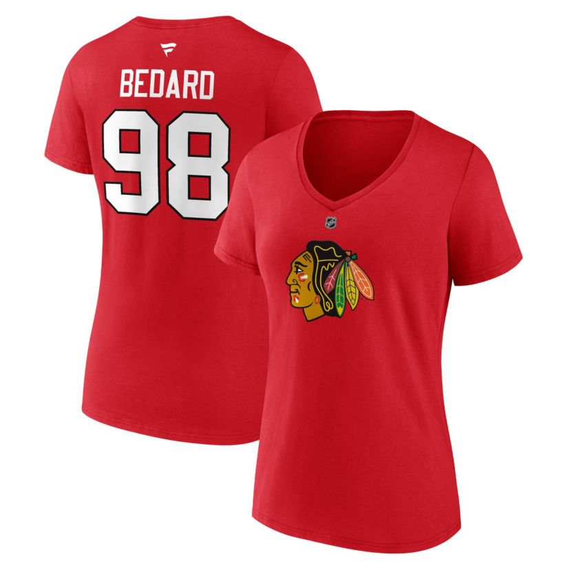 NHL Fanatics Connor Bedard Chicago Blackhawks 2023 NHL Draft Authentic Stack Player Name & Number V-Neck T-Shirt