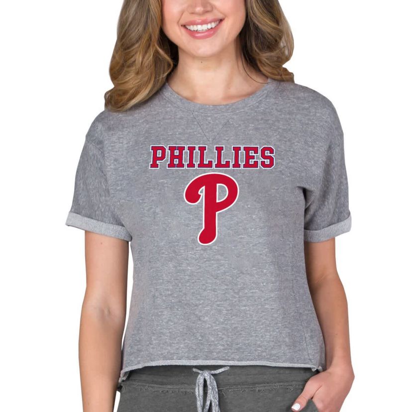 MLB Philadelphia Phillies Tri-Blend Mainstream Terry Short Sleeve Sweatshirt Top