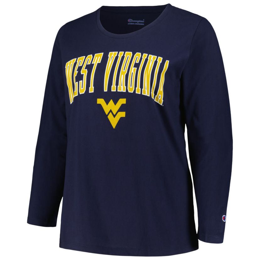 NCAA West Virginia Mountaineers Plus Size Arch Over Logo Scoop Neck Long Sleeve T-Shirt