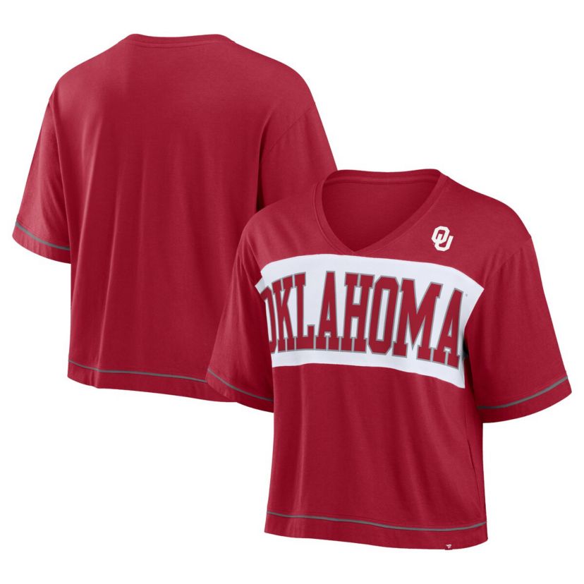 NCAA Fanatics Oklahoma Sooners Home Team Bold Fashion Modest V-Neck Cropped T-Shirt