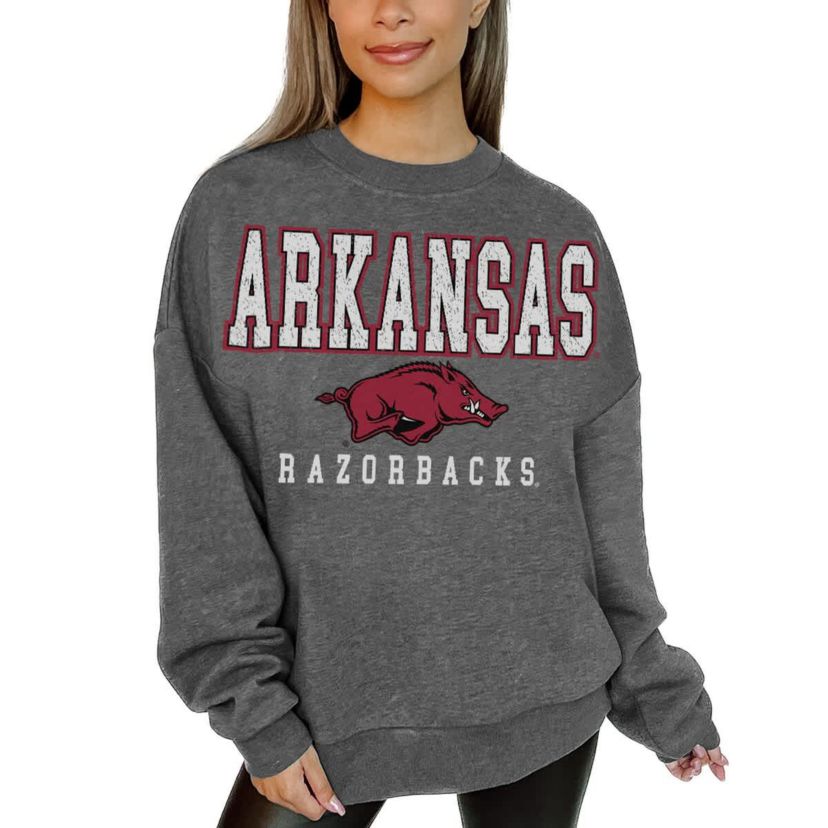 NCAA Arkansas Razorbacks Oversized Distressed Fleece Pullover Sweatshirt