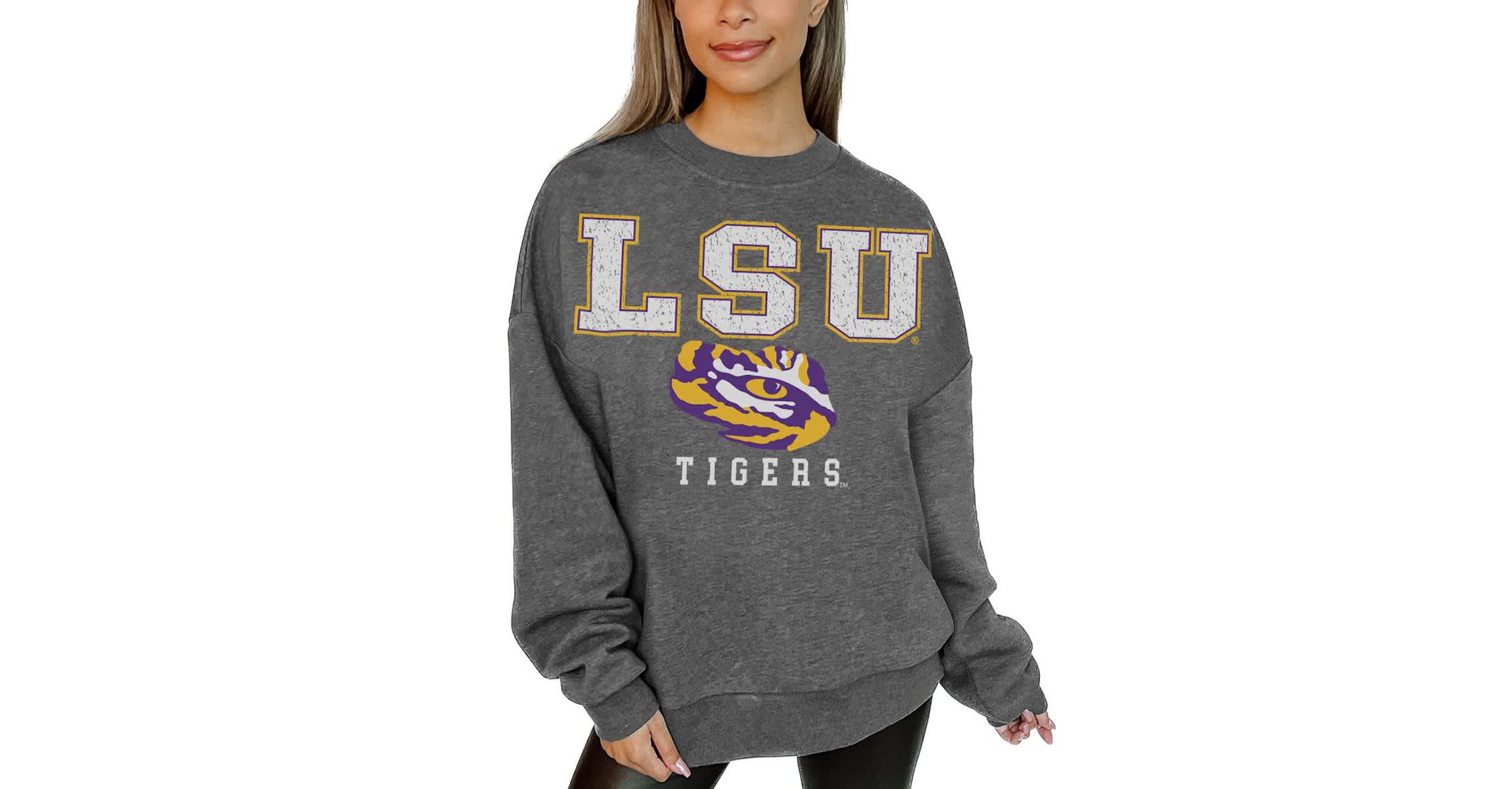 NCAA LSU Tigers Oversized Distressed Fleece Pullover Sweatshirt