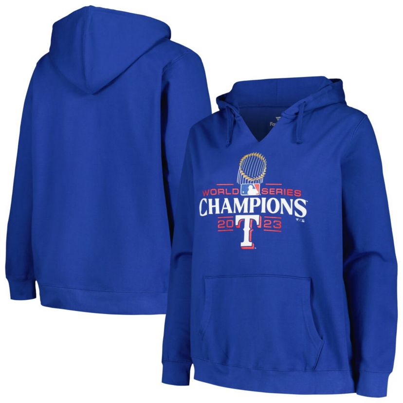 MLB Fanatics Texas Rangers 2023 World Series s Plus Size Trophy Logo Pullover Hoodie
