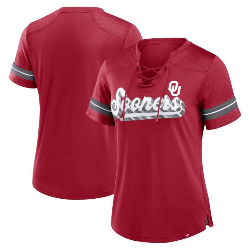 NCAA Fanatics Oklahoma Sooners Fundamental Overtime Readiness Athena Lace-Up V-Neck T-Shirt