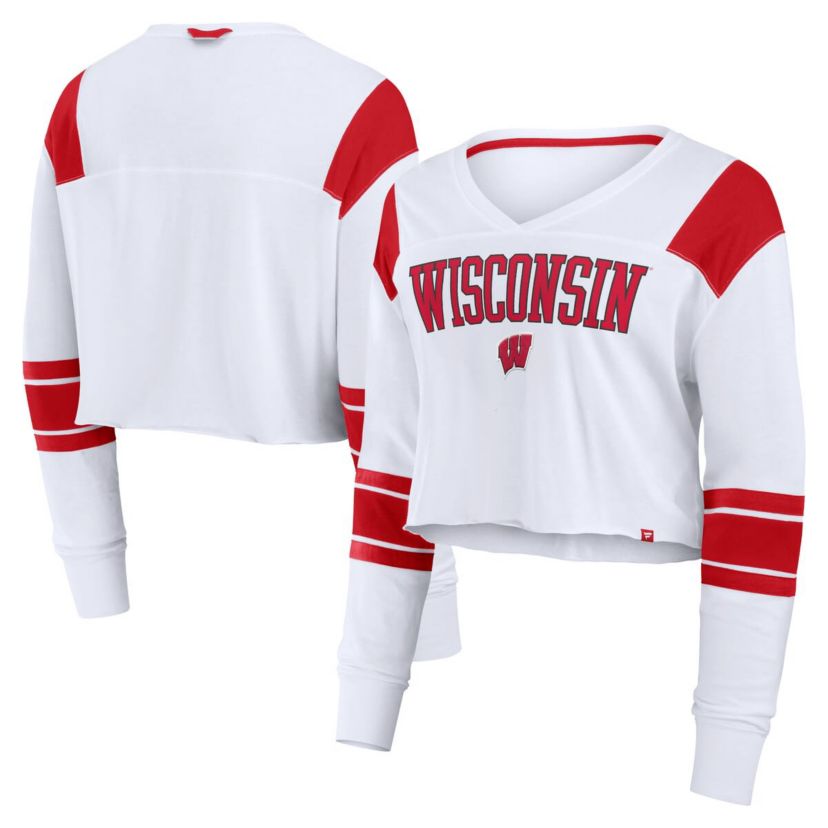 NCAA Fanatics Wisconsin Badgers Training Camp Cropped Long Sleeve V-Neck Fashion Top