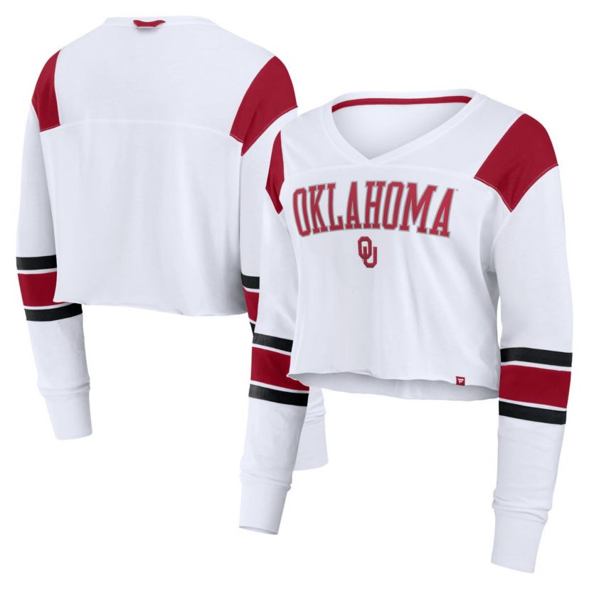 NCAA Fanatics Oklahoma Sooners Training Camp Cropped Long Sleeve V-Neck Fashion Top