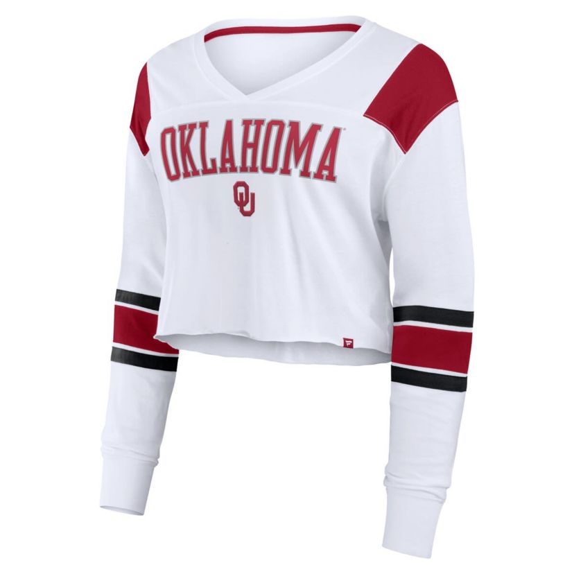 NCAA Fanatics Oklahoma Sooners Training Camp Cropped Long Sleeve V-Neck Fashion Top