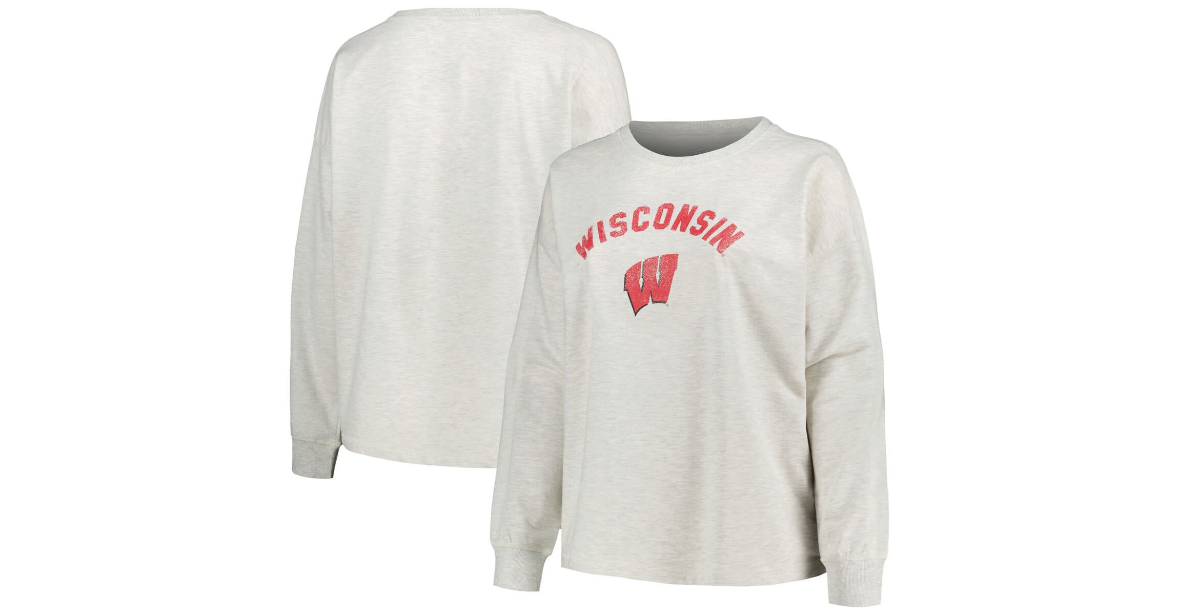 NCAA Wisconsin Badgers Plus Size Distressed Arch Over Logo Neutral Boxy Pullover Sweatshirt