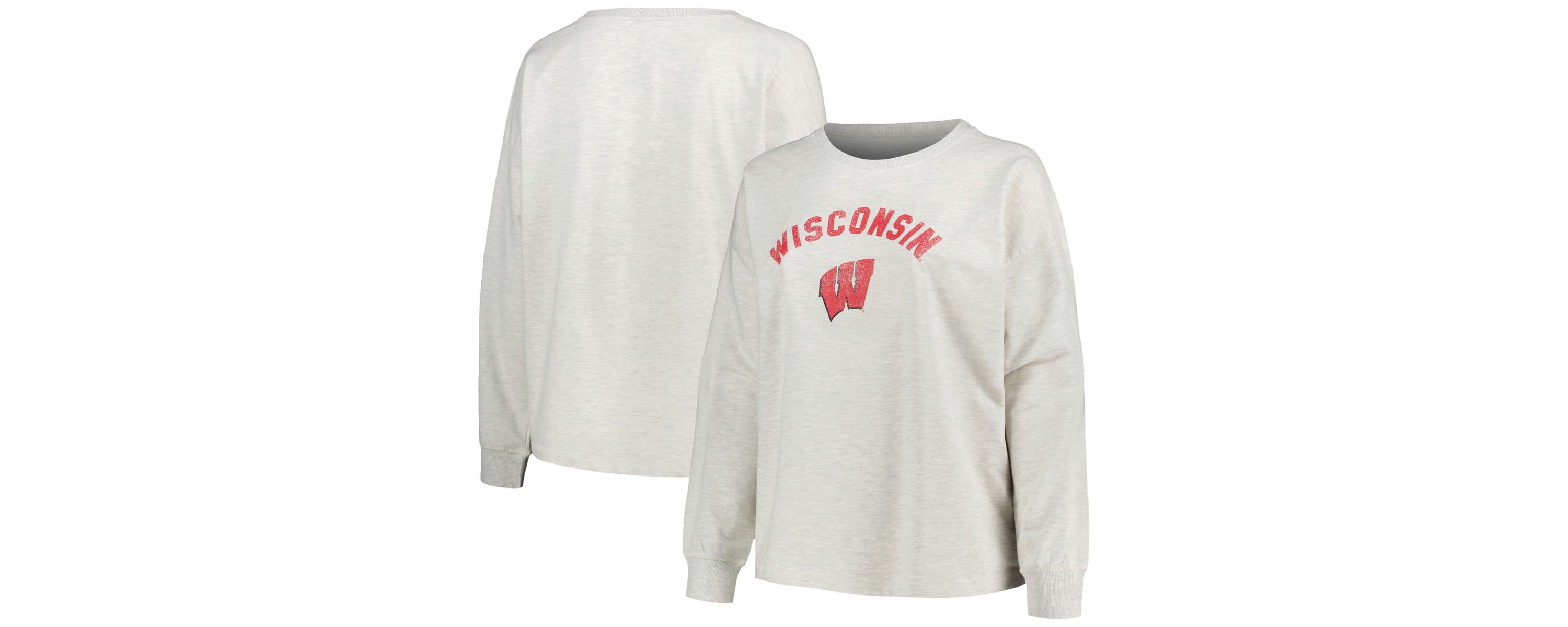 NCAA Wisconsin Badgers Plus Size Distressed Arch Over Logo Neutral Boxy Pullover Sweatshirt