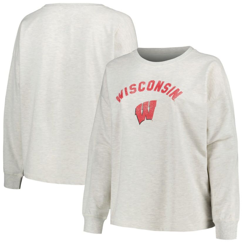NCAA Wisconsin Badgers Plus Size Distressed Arch Over Logo Neutral Boxy Pullover Sweatshirt