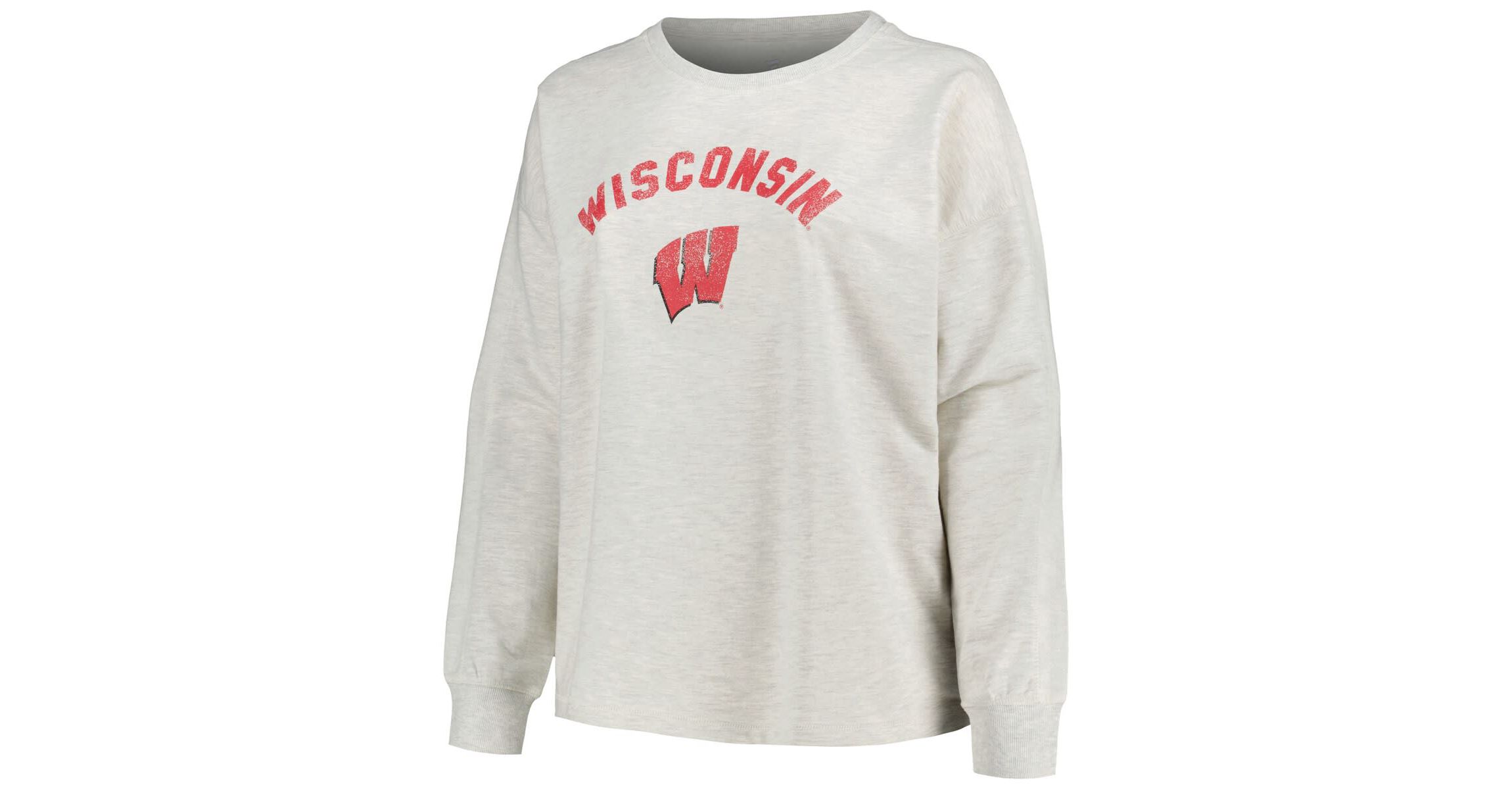 NCAA Wisconsin Badgers Plus Size Distressed Arch Over Logo Neutral Boxy Pullover Sweatshirt
