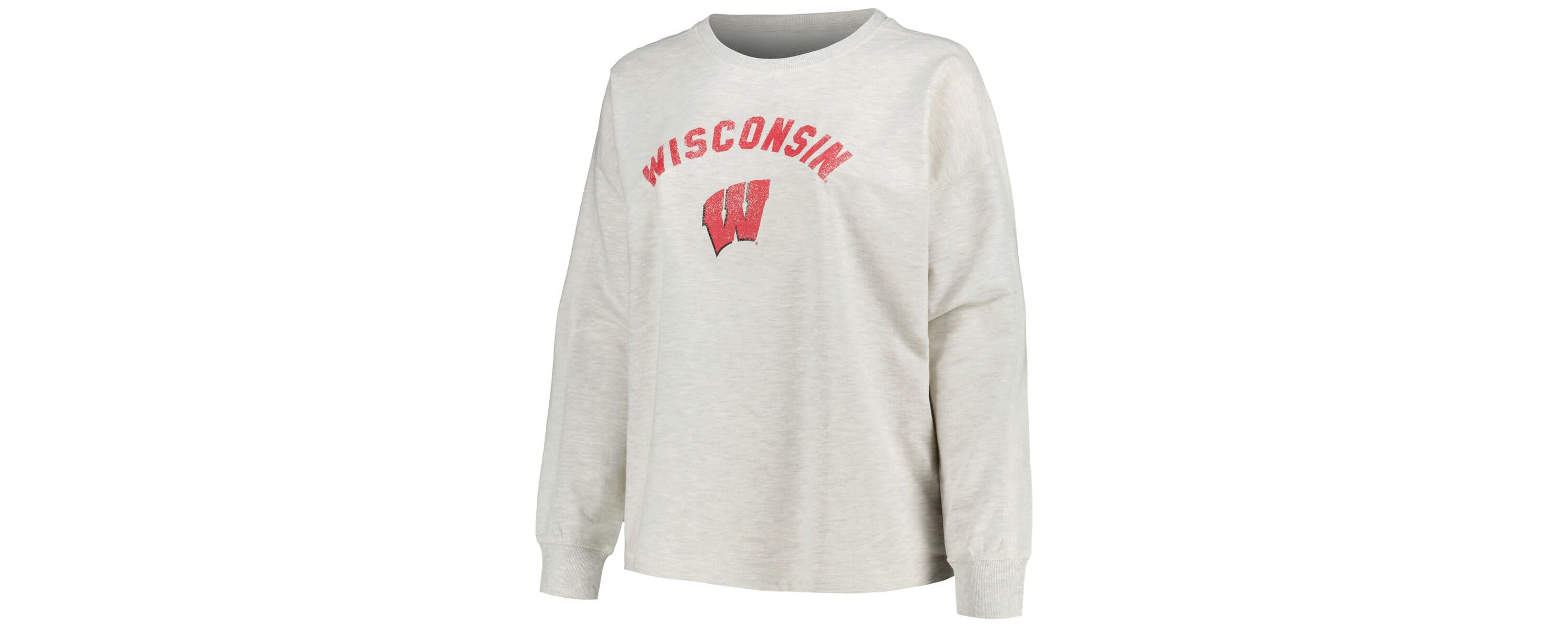 NCAA Wisconsin Badgers Plus Size Distressed Arch Over Logo Neutral Boxy Pullover Sweatshirt