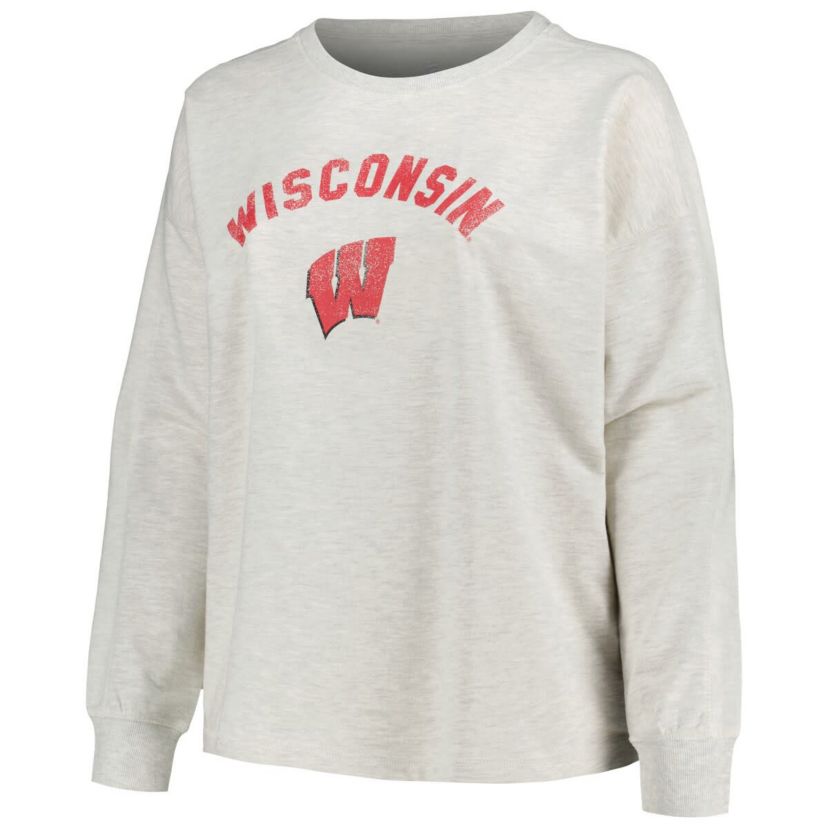 NCAA Wisconsin Badgers Plus Size Distressed Arch Over Logo Neutral Boxy Pullover Sweatshirt