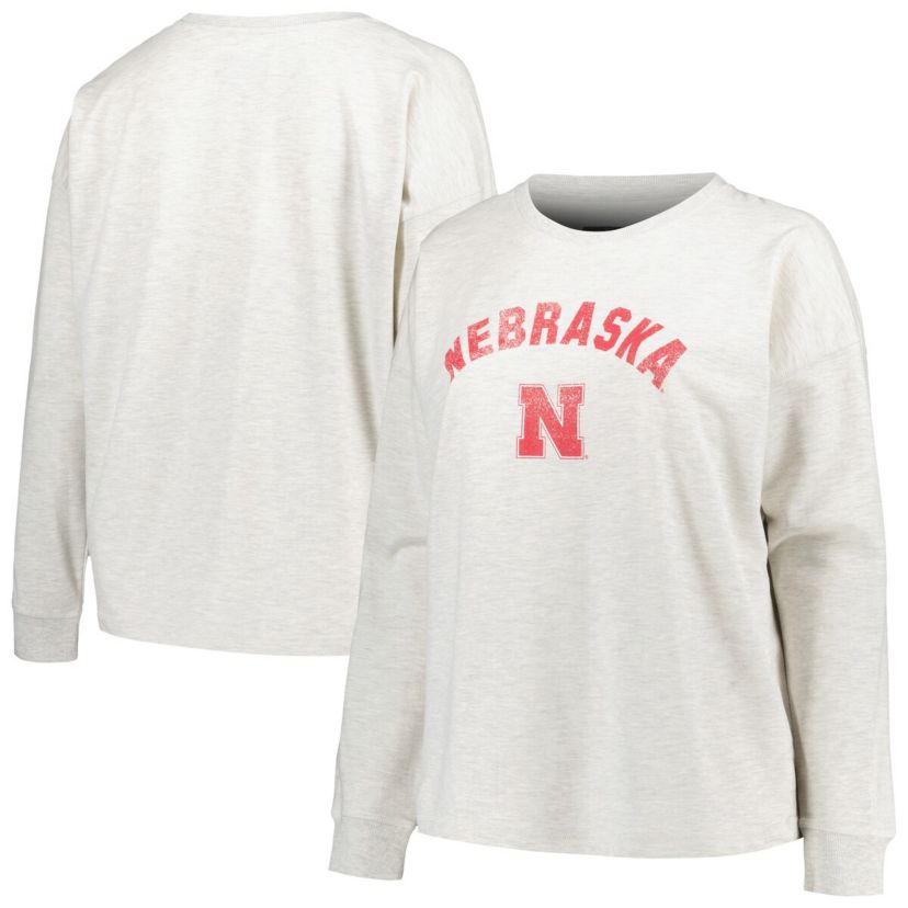 NCAA Nebraska Huskers Plus Size Distressed Arch Over Logo Neutral Boxy Pullover Sweatshirt
