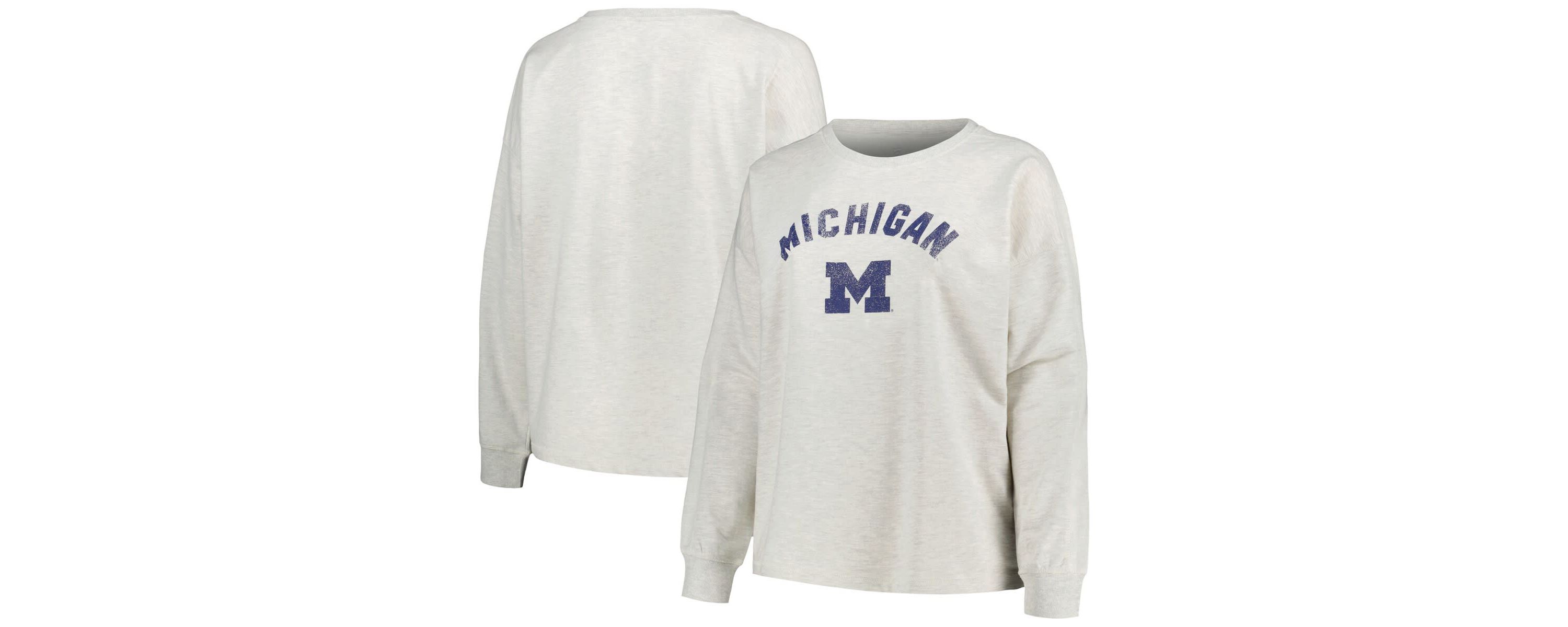 NCAA Michigan Wolverines Plus Size Distressed Arch Over Logo Neutral Boxy Pullover Sweatshirt