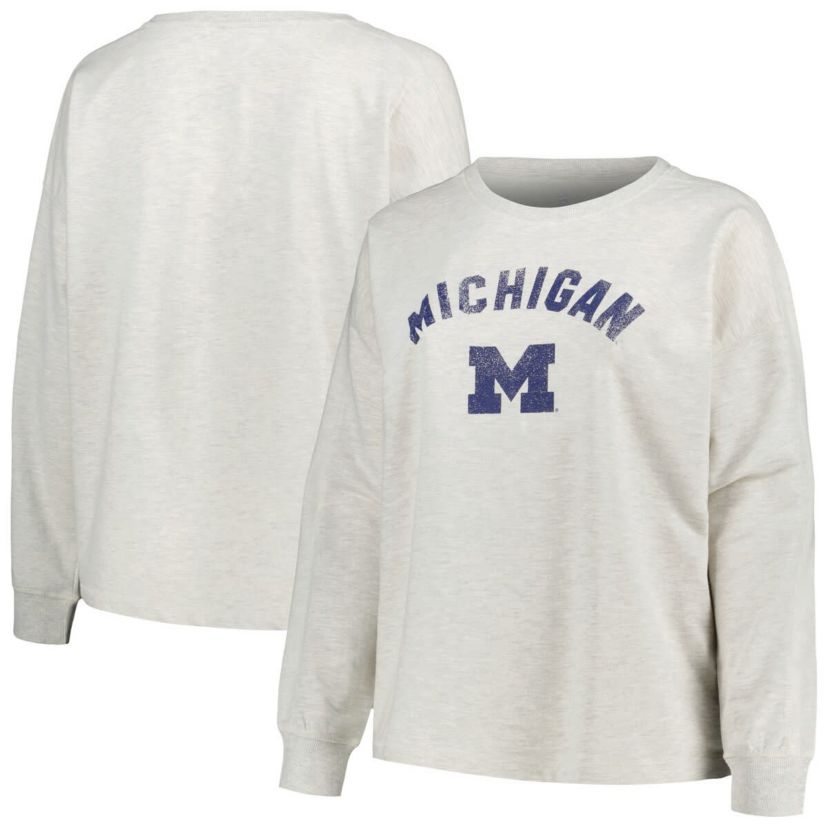 NCAA Michigan Wolverines Plus Size Distressed Arch Over Logo Neutral Boxy Pullover Sweatshirt