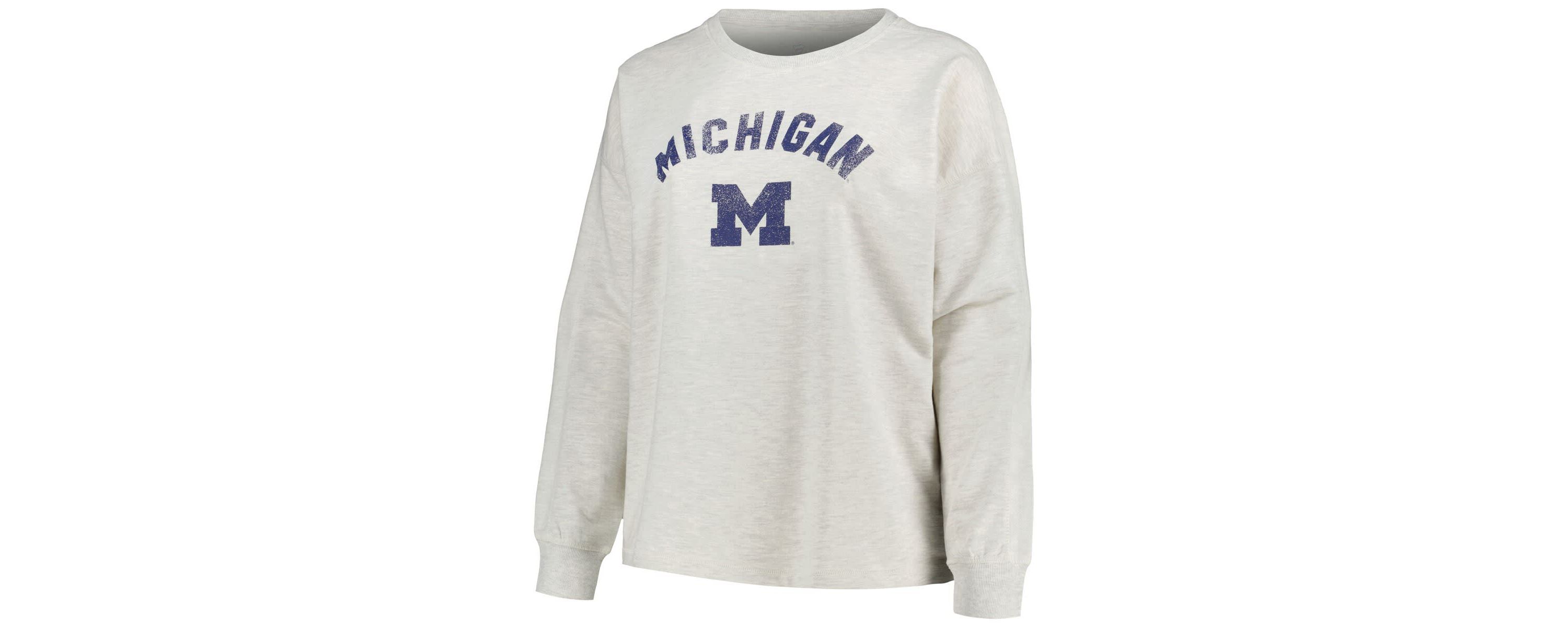 NCAA Michigan Wolverines Plus Size Distressed Arch Over Logo Neutral Boxy Pullover Sweatshirt