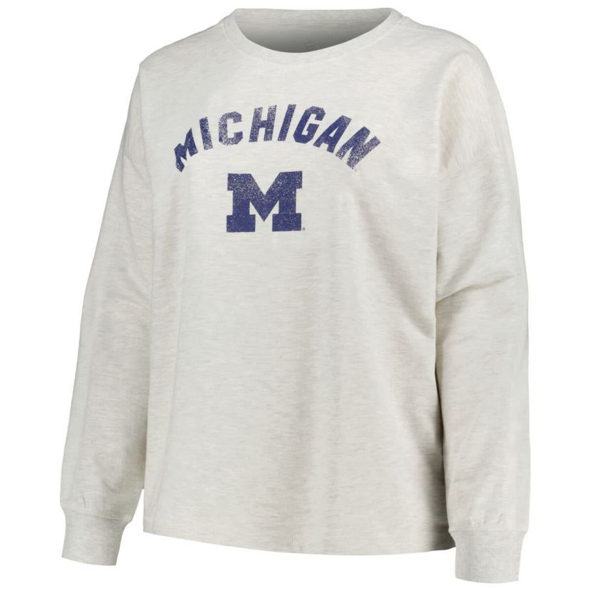 NCAA Michigan Wolverines Plus Size Distressed Arch Over Logo Neutral Boxy Pullover Sweatshirt