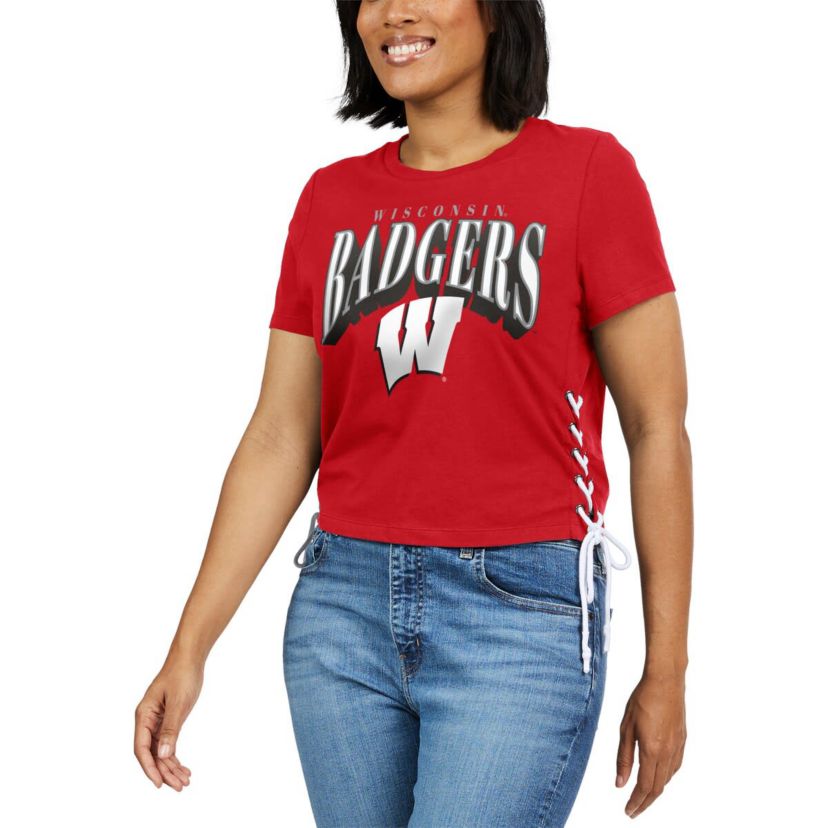 NCAA Wisconsin Badgers Side Lace-Up Modest Crop T-Shirt