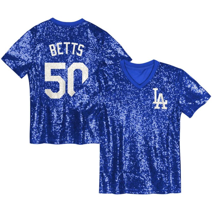 MLB Juniors Mookie Betts Los Angeles Dodgers Name & Number Sequin V-Neck Top