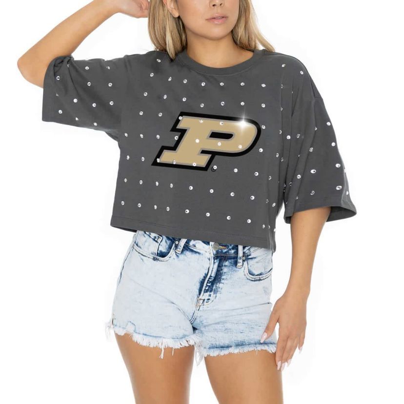 NCAA Purdue Boilermakers Go Time Rhinestone Crop T-Shirt