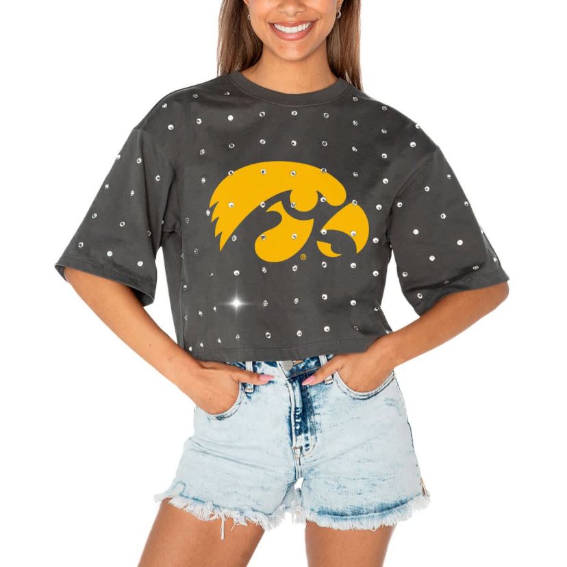 NCAA Iowa Hawkeyes Go Time Rhinestone Crop T-Shirt