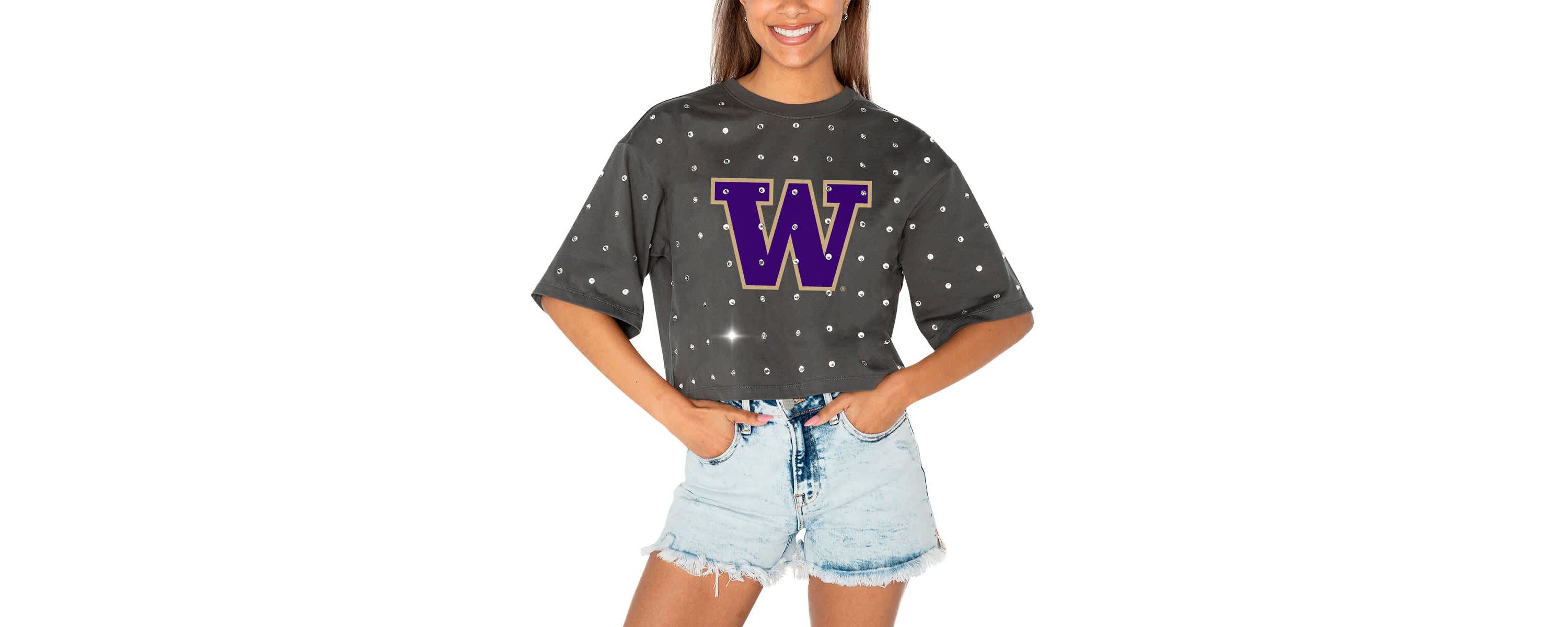 NCAA Washington Huskies Go Time Rhinestone Crop T-Shirt