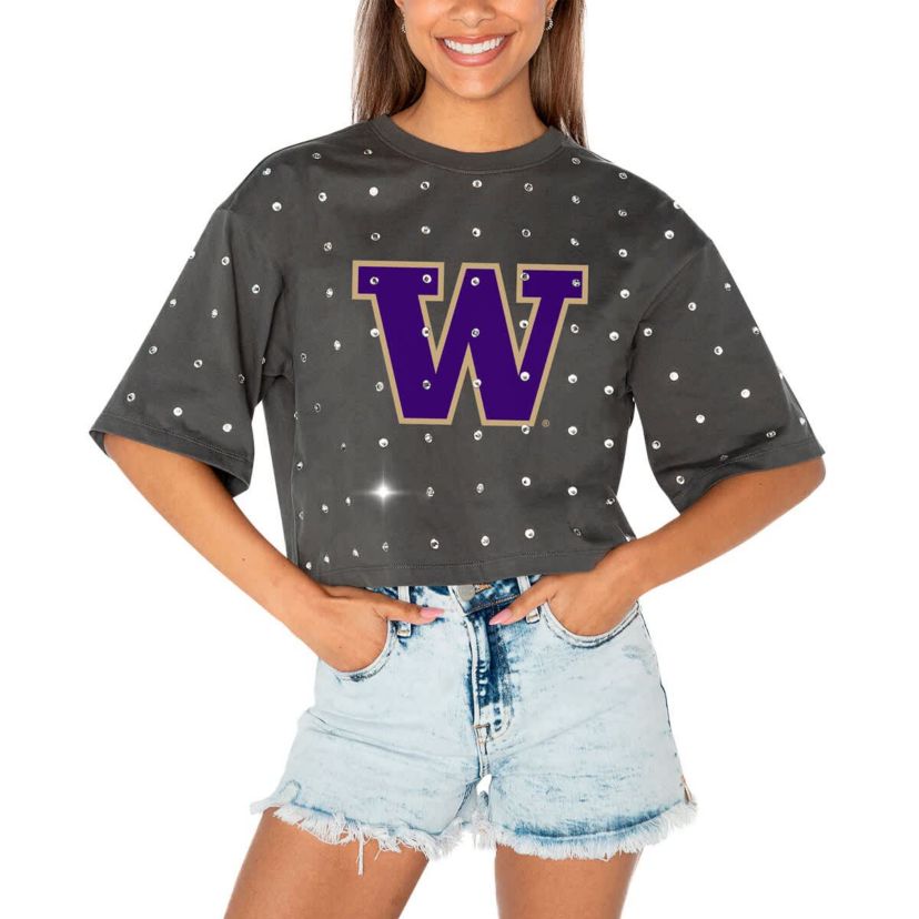 NCAA Washington Huskies Go Time Rhinestone Crop T-Shirt
