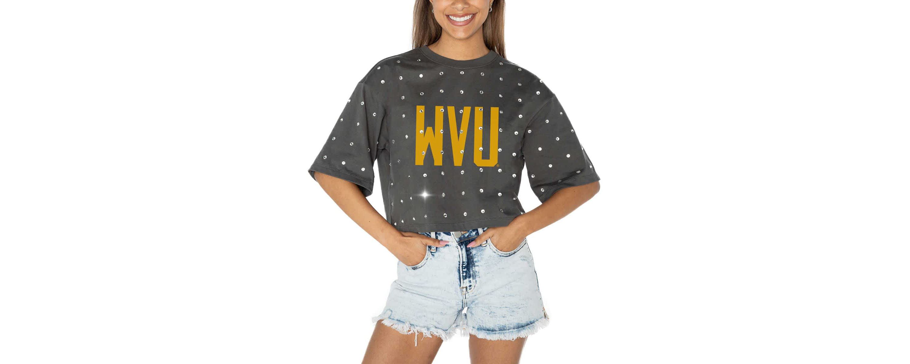 NCAA West Virginia Mountaineers Go Time Rhinestone Crop T-Shirt