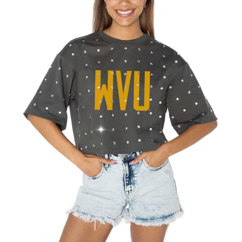 NCAA West Virginia Mountaineers Go Time Rhinestone Crop T-Shirt