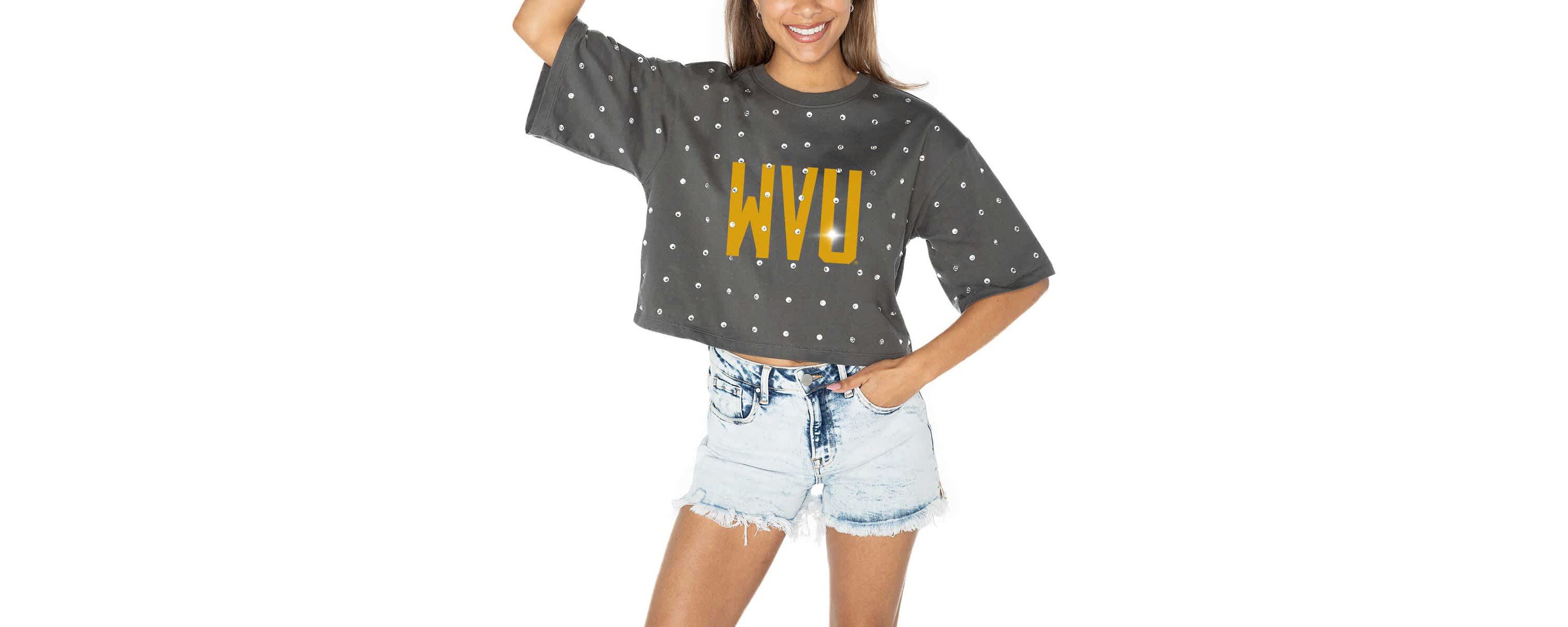 NCAA West Virginia Mountaineers Go Time Rhinestone Crop T-Shirt