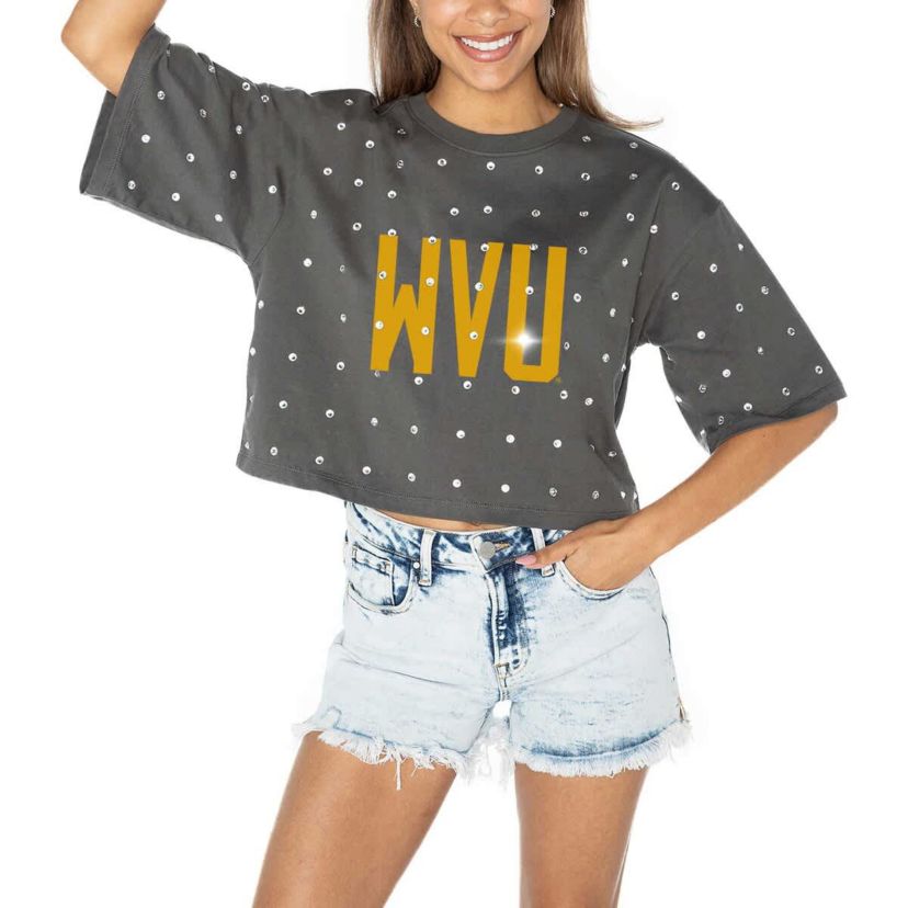 NCAA West Virginia Mountaineers Go Time Rhinestone Crop T-Shirt