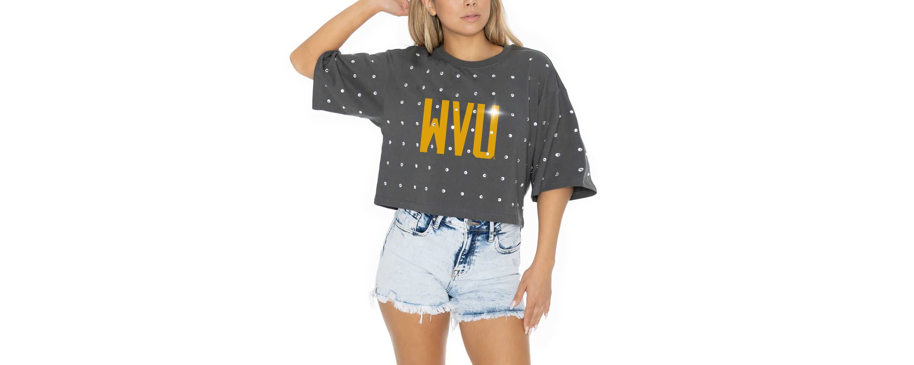 NCAA West Virginia Mountaineers Go Time Rhinestone Crop T-Shirt