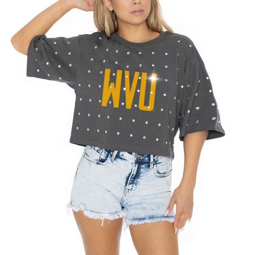 NCAA West Virginia Mountaineers Go Time Rhinestone Crop T-Shirt