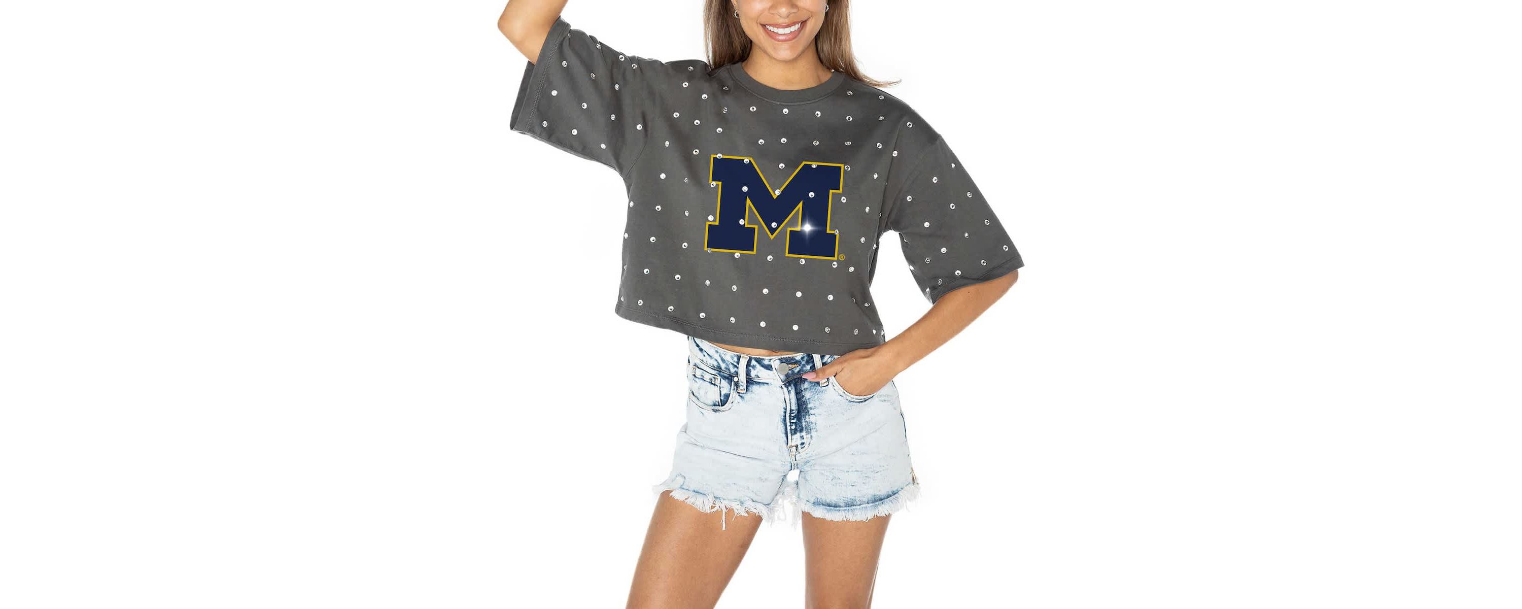 NCAA Michigan Wolverines Go Time Rhinestone Crop T-Shirt