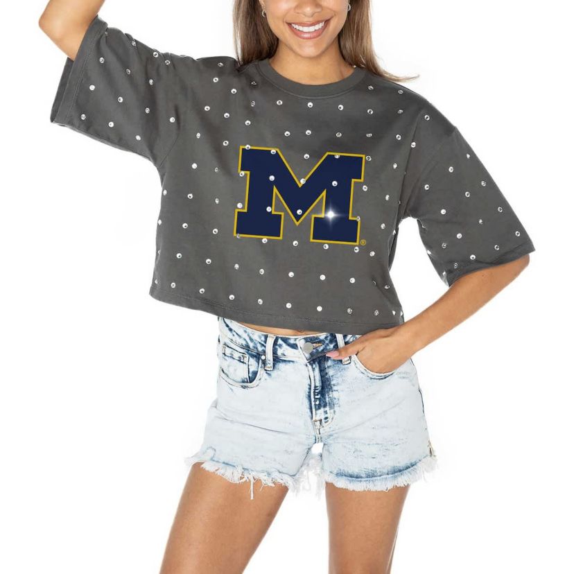 NCAA Michigan Wolverines Go Time Rhinestone Crop T-Shirt