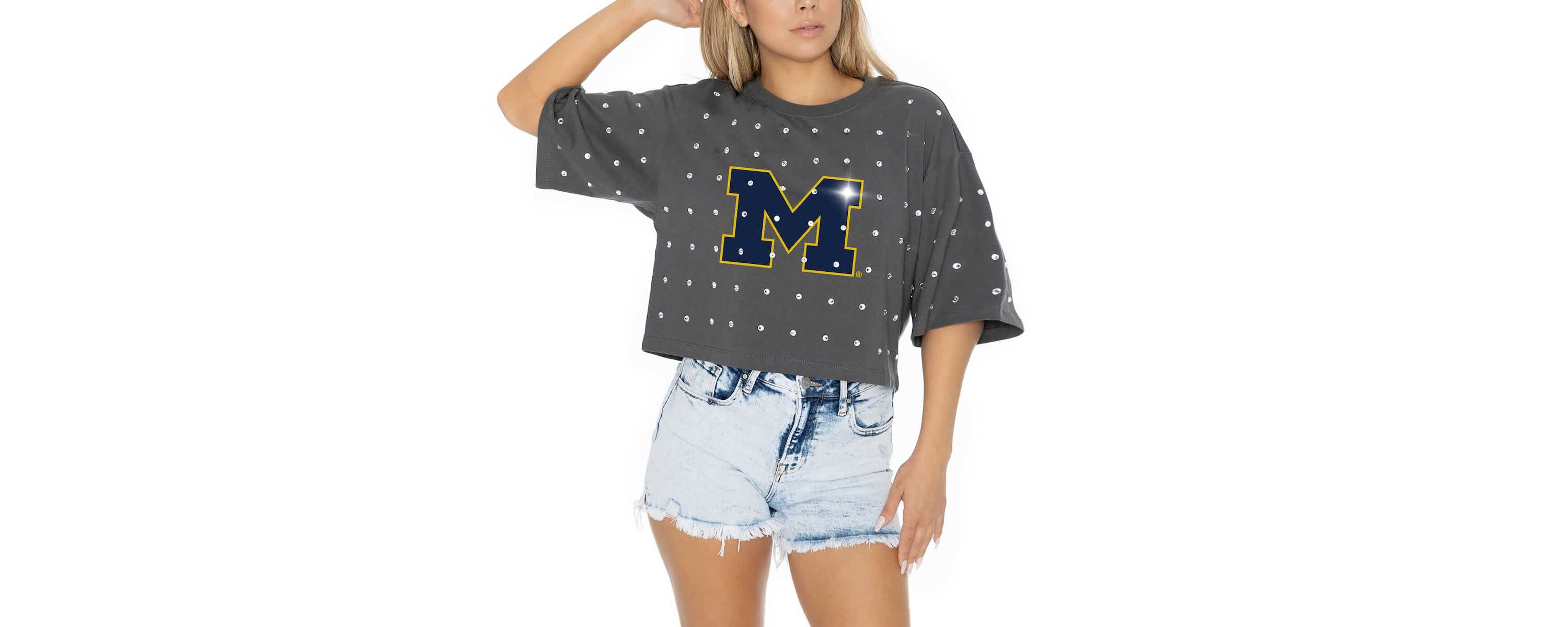 NCAA Michigan Wolverines Go Time Rhinestone Crop T-Shirt