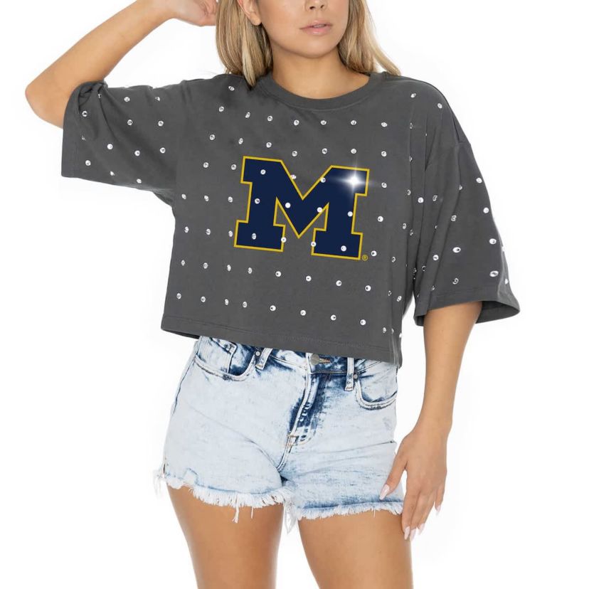 NCAA Michigan Wolverines Go Time Rhinestone Crop T-Shirt
