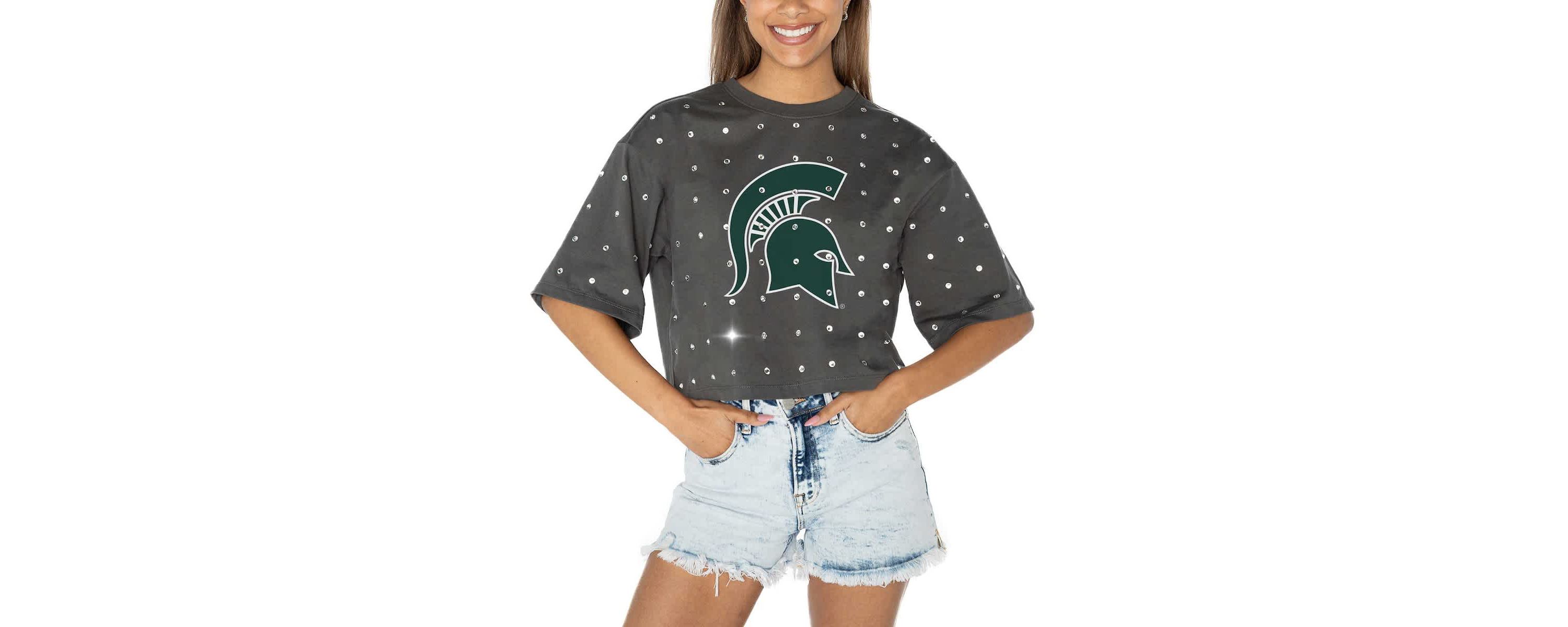 NCAA Michigan State Spartans Go Time Rhinestone Crop T-Shirt
