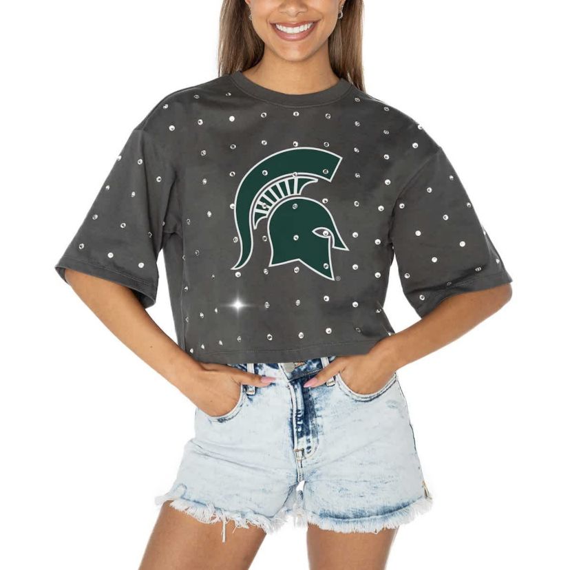 NCAA Michigan State Spartans Go Time Rhinestone Crop T-Shirt