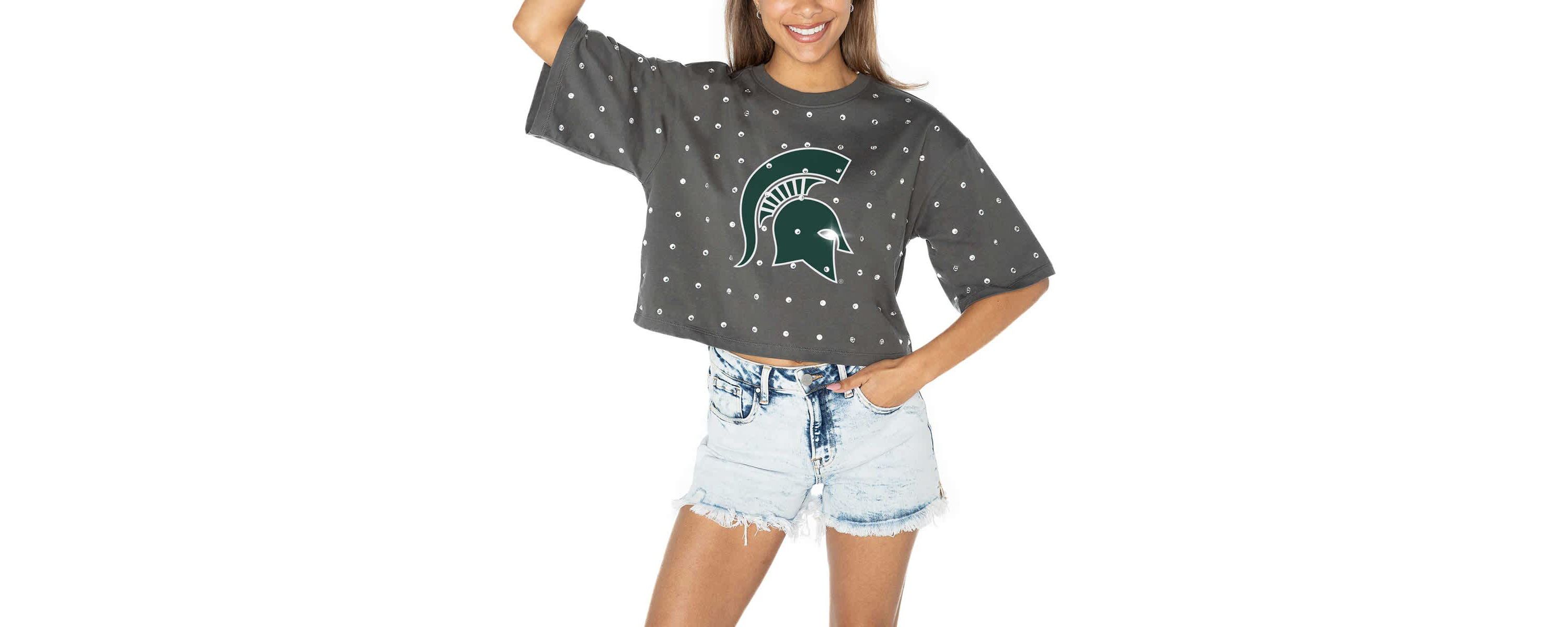 NCAA Michigan State Spartans Go Time Rhinestone Crop T-Shirt