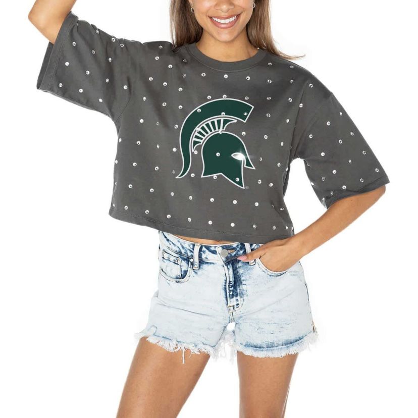 NCAA Michigan State Spartans Go Time Rhinestone Crop T-Shirt