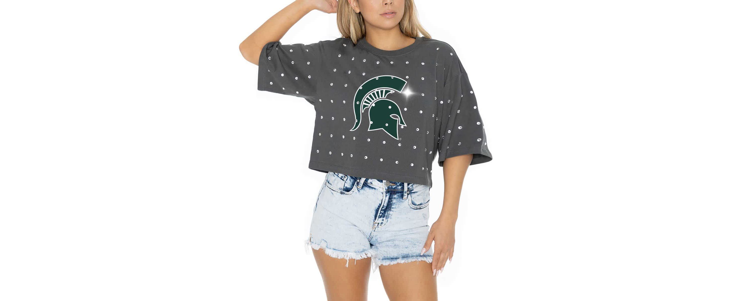 NCAA Michigan State Spartans Go Time Rhinestone Crop T-Shirt